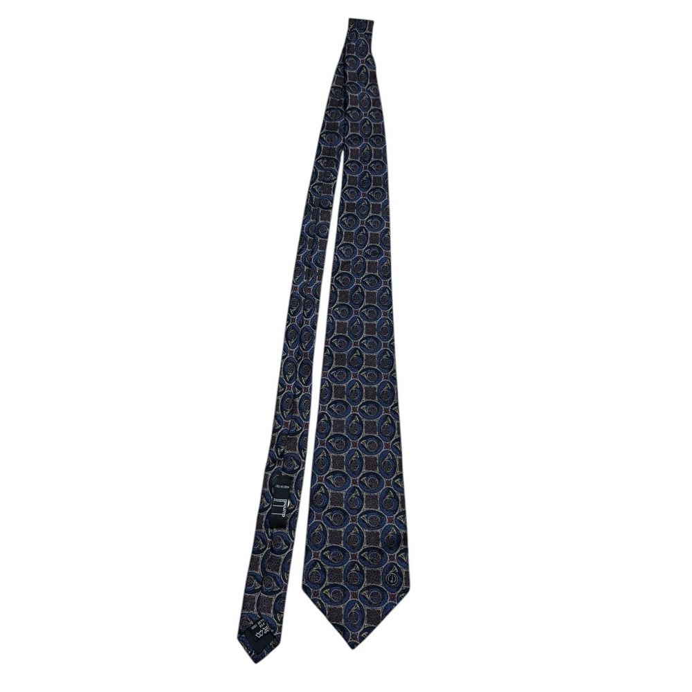 Dunhill Mens 100% Silk Tie Blue Trumpet‎ Print Made in Italy 3.5"x57"
